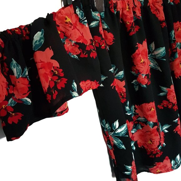 Forever 21 Black/Red Floral Off-Shoulder Top - S - Picture 8 of 11